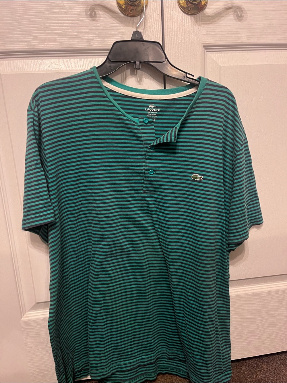 Lacoste Teal and Dark Green Striped Short-Sleeve Henley